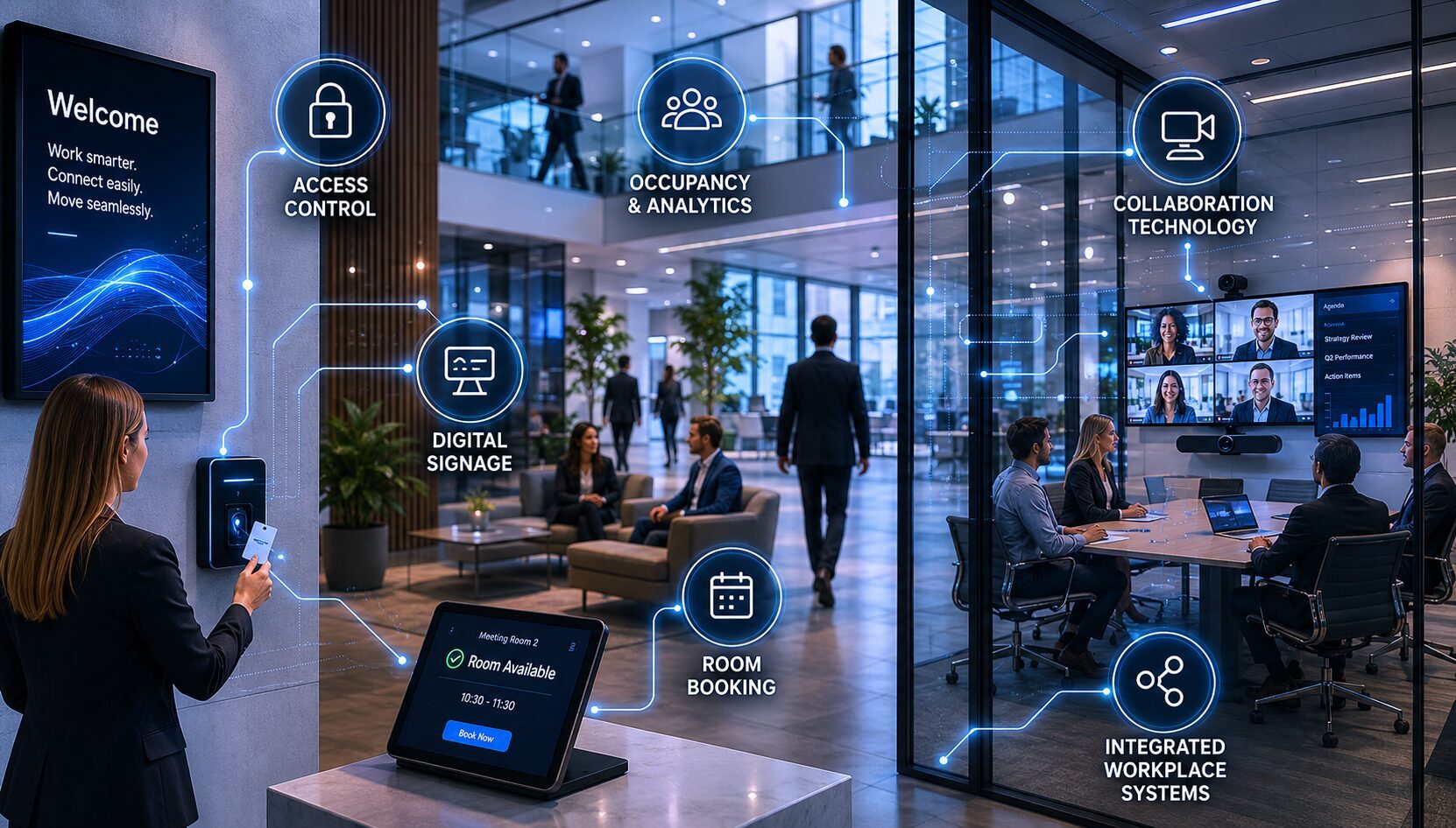 Smart workplace technology integration across multi-site estate
