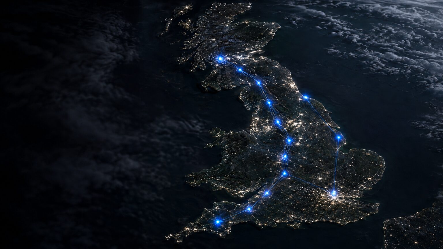 The United Kingdom at night from orbit, city lights across the country with linked points of light marking a connected national network